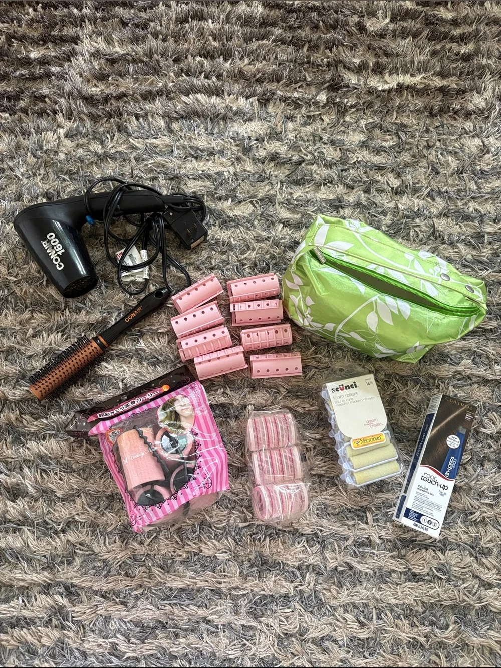 Hair Care Bundle: Dryer, Brush, Rollers, New Clairol Root TouchUp, Makeup Bag
